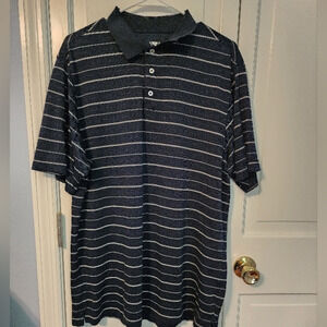 Navy Striped Pique Men's Collared Polo 3 top‎ buttons. Large